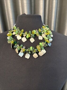 Chico's Green Multi-Bead Cluster Necklace with Silver-Tone Charms